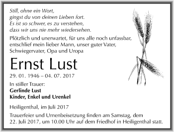 Traueranzeige von Ernst Lust von Mitteldeutsche Zeitung Mansfelder Land