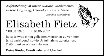 Traueranzeige von Elisabeth Fietz von Mitteldeutsche Zeitung Wittenberg