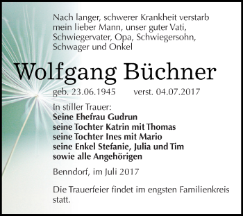 Traueranzeige von Wolfgang Büchner von Wochenspiegel Mansfelder Land