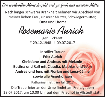 Traueranzeige von Rosemarie Aurich von Mitteldeutsche Zeitung Sangerhausen