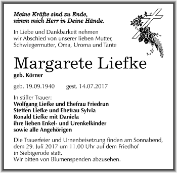 Traueranzeige von Margarete Liefke von Mitteldeutsche Zeitung Mansfelder Land
