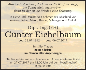 Traueranzeige von Günter Eichelbaum von Mitteldeutsche Zeitung Halle/Saalkreis