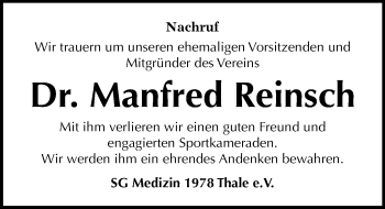 Traueranzeige von Manfred Reinsch von Mitteldeutsche Zeitung Quedlinburg