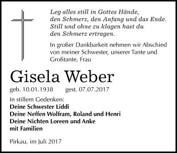 Traueranzeige von Gisela Weber von Mitteldeutsche Zeitung Zeitz