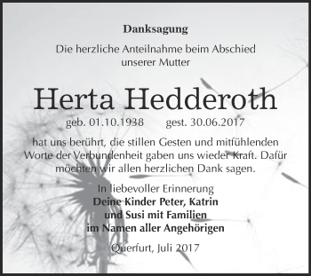 Traueranzeige von Herta Hedderoth von Super Sonntag Merseburg