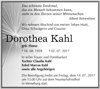 Traueranzeige von Dorothea Kahl von WVG - Wochenspiegel Merseburg