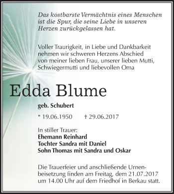 Traueranzeige von Edda Blume von WVG - Wochenspiegel Wittenberg