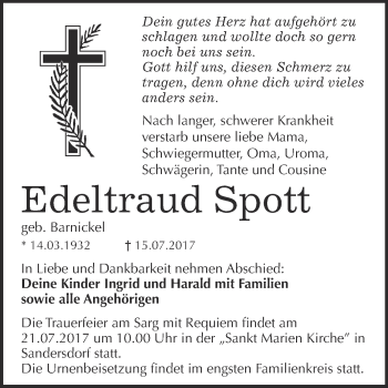 Traueranzeige von Edeltraud Spott von WVG - Wochenspiegel Bitterfeld