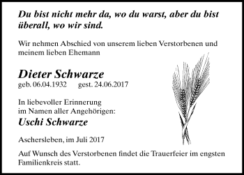 Traueranzeige von Dieter Schwarze von Mitteldeutsche Zeitung Aschersleben