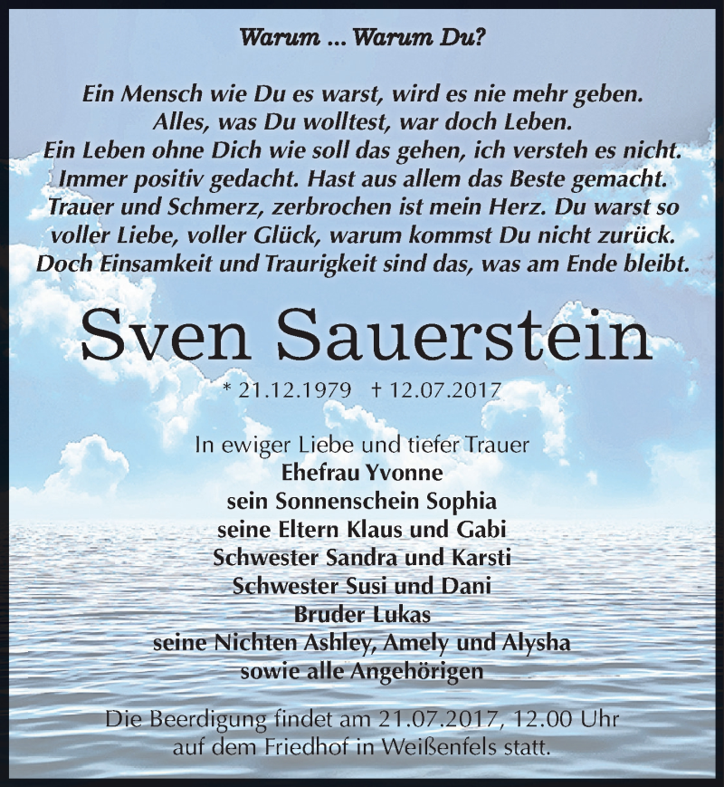  Traueranzeige für Sven Sauerstein vom 19.07.2017 aus Mitteldeutsche Zeitung Weißenfels