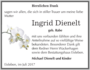 Traueranzeige von Ingrid Dienelt von Wochenspiegel Mansfelder Land