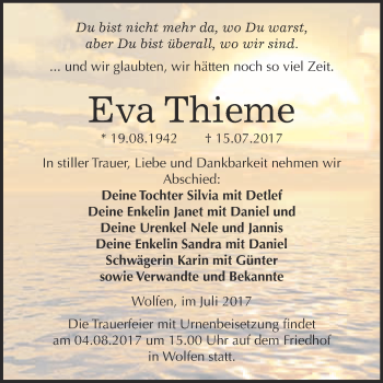 Traueranzeige von Eva Thieme von WVG - Wochenspiegel Bitterfeld
