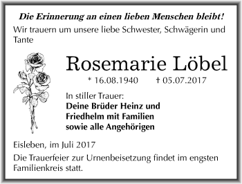 Traueranzeige von Rosemarie Löbel von Mitteldeutsche Zeitung Mansfelder Land