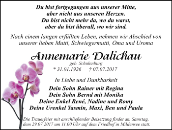 Traueranzeige von Annemarie Dalichau von Mitteldeutsche Zeitung Dessau-Roßlau