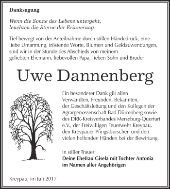 Traueranzeige von Uwe Dannenberg von Super Sonntag Merseburg