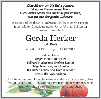 Traueranzeige von Gerda Herker von Mitteldeutsche Zeitung Mansfelder Land