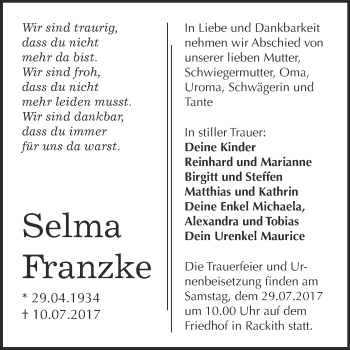 Traueranzeige von Selma Franzke von WVG - Wochenspiegel Wittenberg