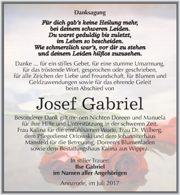 Traueranzeige von Josef Gabriel von Mitteldeutsche Zeitung Mansfelder Land