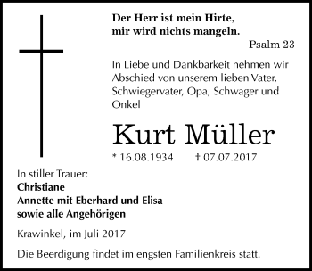 Traueranzeige von Kurt Müller von Mitteldeutsche Zeitung