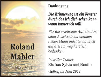 Traueranzeige von Roland Mahler von Mitteldeutsche Zeitung Zeitz