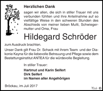 Traueranzeige von Hildegard Schröder von Super Sonntag Zeitz