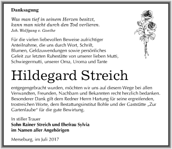 Traueranzeige von Hildegard Streich von Mitteldeutsche Zeitung Merseburg/Querfurt