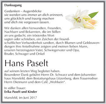Traueranzeige von Hans Paselt von Mitteldeutsche Zeitung Mansfelder Land
