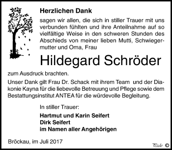Traueranzeige von Hildegard Schröder von Mitteldeutsche Zeitung Zeitz