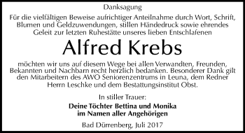Traueranzeige von Alfred Krebs von Mitteldeutsche Zeitung Merseburg/Querfurt