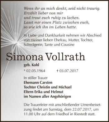 Traueranzeige von Simona Vollrath von Super Sonntag SGH Mansf. Land