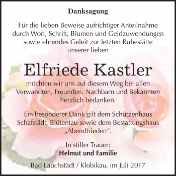 Traueranzeige von Elfriede Kastler von WVG - Wochenspiegel Merseburg