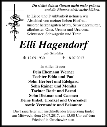 Traueranzeige von Elli Hagendorf von Mitteldeutsche Zeitung Wittenberg