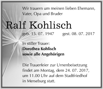 Traueranzeige von Ralf Kohlisch von Mitteldeutsche Zeitung Merseburg/Querfurt