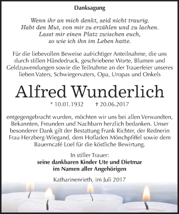Traueranzeige von Alfred Wunderlich von Mitteldeutsche Zeitung Sangerhausen