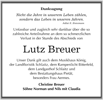 Traueranzeige von Lutz Breuer von Mitteldeutsche Zeitung Bitterfeld