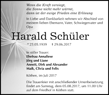 Traueranzeige von Harald Schüler von Mitteldeutsche Zeitung Köthen