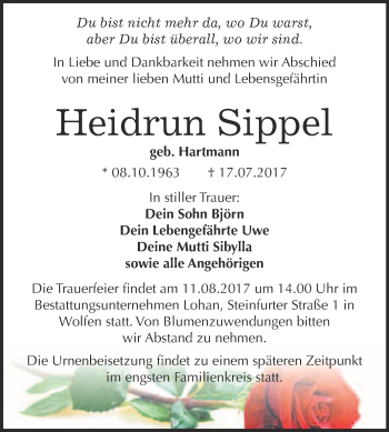 Traueranzeige von Heidrun Sippel von WVG - Wochenspiegel Bitterfeld