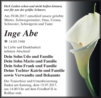 Traueranzeige von Inge Abe von Mitteldeutsche Zeitung Dessau-Roßlau