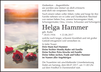 Traueranzeige von Helga Hammer von Mitteldeutsche Zeitung Halle/Saalkreis