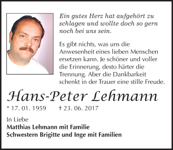 Traueranzeige von Hans-Peter Lehmann von Mitteldeutsche Zeitung Halle/Saalkreis