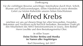 Traueranzeige von Alfred Krebs von Super Sonntag Merseburg