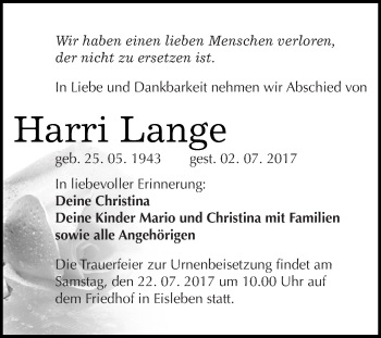 Traueranzeige von Harri Lange von Wochenspiegel Mansfelder Land