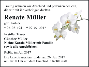 Traueranzeige von Renate Müller von Mitteldeutsche Zeitung Sangerhausen