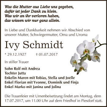 Traueranzeige von Ivy Schmidt von Super Sonntag Bernburg