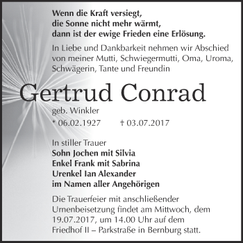 Traueranzeige von Gertrud Conrad von Super Sonntag Bernburg