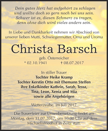 Traueranzeige von Christa Barsch von Super Sonntag Zeitz
