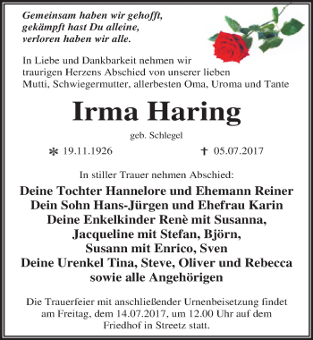 Traueranzeige von Irma Haring von Mitteldeutsche Zeitung Dessau-Roßlau