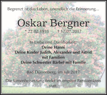 Traueranzeige von Oskar Bergner von Super Sonntag Merseburg