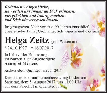 Traueranzeige von Helga Zeitz von Mitteldeutsche Zeitung