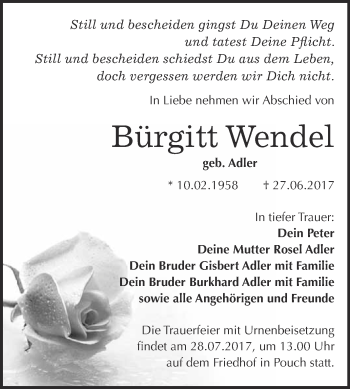 Traueranzeige von Bürgitt Wendel von WVG - Wochenspiegel Bitterfeld
